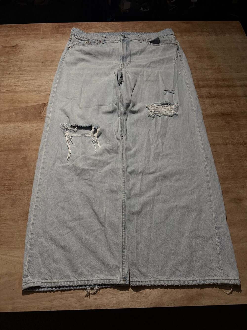 &Denim Baggy Wide Loose Fit Light Wash Distressed Jeans